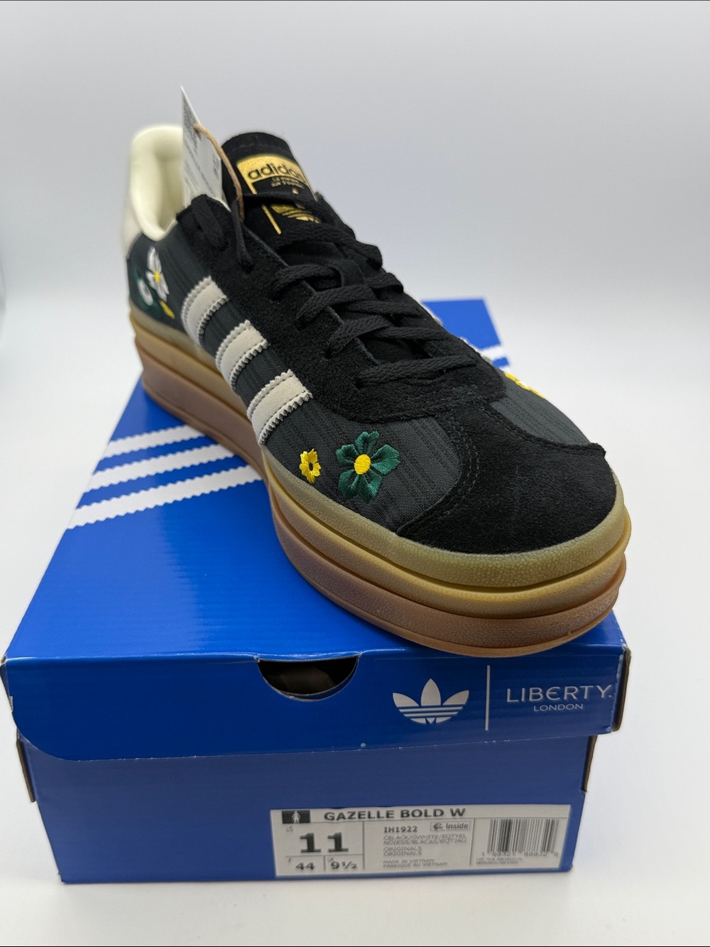 adidas Gazelle Bold W Black with White Stripes and Green/Yellow Floral